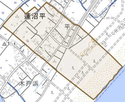 蓮沼平とその周辺の地図。町の範囲を重ねている