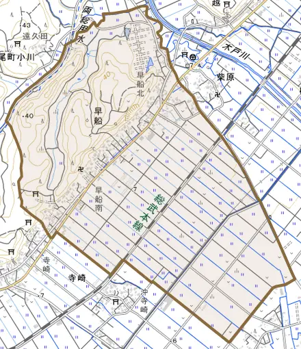 早船とその周辺の地図。町の範囲を重ねている