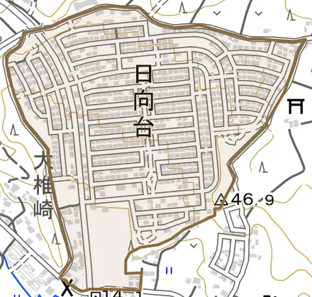 日向台とその周辺の地図。町の範囲を重ねている