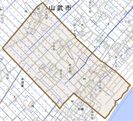 井之内とその周辺の地図。町の範囲を重ねている