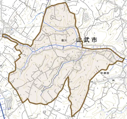 板川とその周辺の地図。町の範囲を重ねている