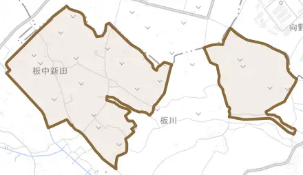 板中新田とその周辺の地図。町の範囲を重ねている