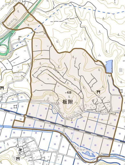 板附とその周辺の地図。町の範囲を重ねている