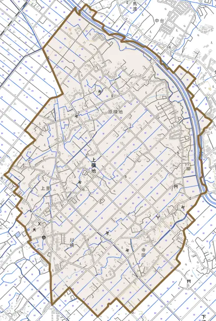 上横地とその周辺の地図。町の範囲を重ねている