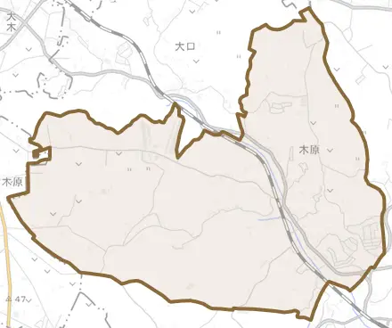 木原とその周辺の地図。町の範囲を重ねている