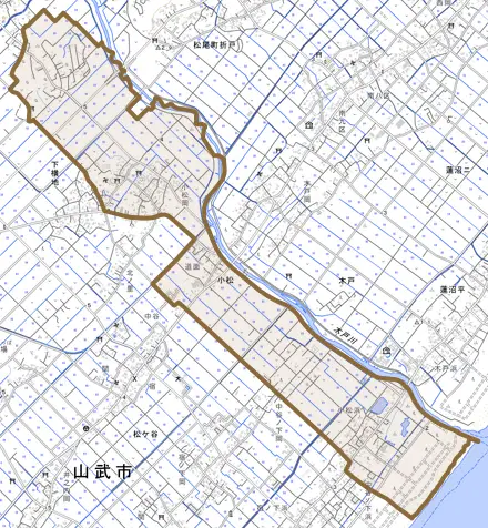 小松とその周辺の地図。町の範囲を重ねている