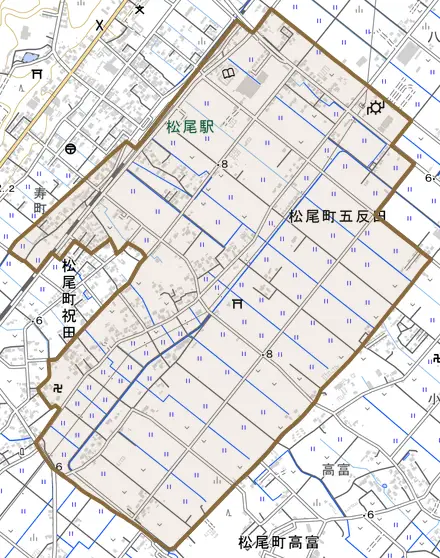 松尾町五反田とその周辺の地図。町の範囲を重ねている