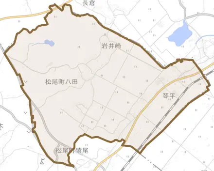 松尾町八田とその周辺の地図。町の範囲を重ねている