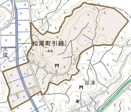 松尾町引越とその周辺の地図。町の範囲を重ねている