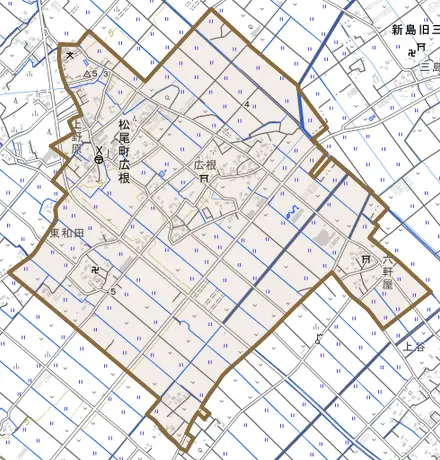 松尾町広根とその周辺の地図。町の範囲を重ねている