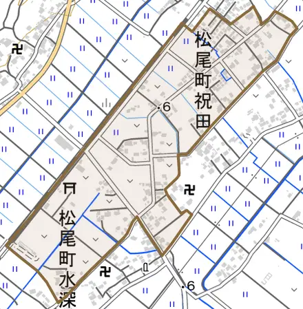 松尾町祝田とその周辺の地図。町の範囲を重ねている