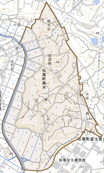 松尾町蕪木とその周辺の地図。町の範囲を重ねている