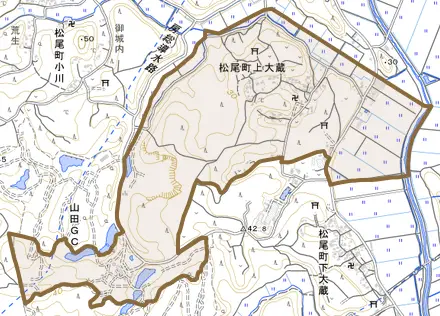 松尾町上大蔵とその周辺の地図。町の範囲を重ねている