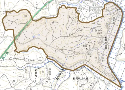 松尾町金尾とその周辺の地図。町の範囲を重ねている