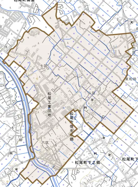 松尾町借毛本郷とその周辺の地図。町の範囲を重ねている