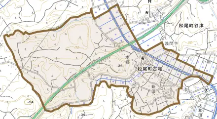 松尾町古和とその周辺の地図。町の範囲を重ねている