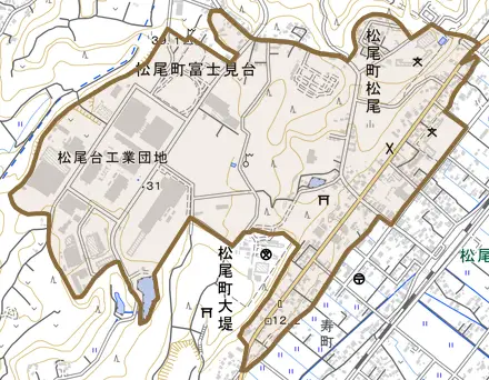 松尾町松尾とその周辺の地図。町の範囲を重ねている