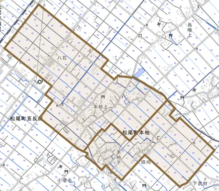松尾町本柏とその周辺の地図。町の範囲を重ねている