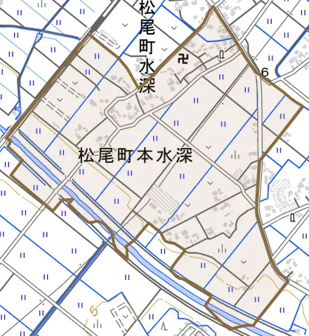 松尾町本水深とその周辺の地図。町の範囲を重ねている