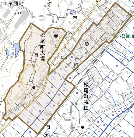 松尾町大堤とその周辺の地図。町の範囲を重ねている