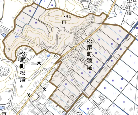 松尾町猿尾とその周辺の地図。町の範囲を重ねている