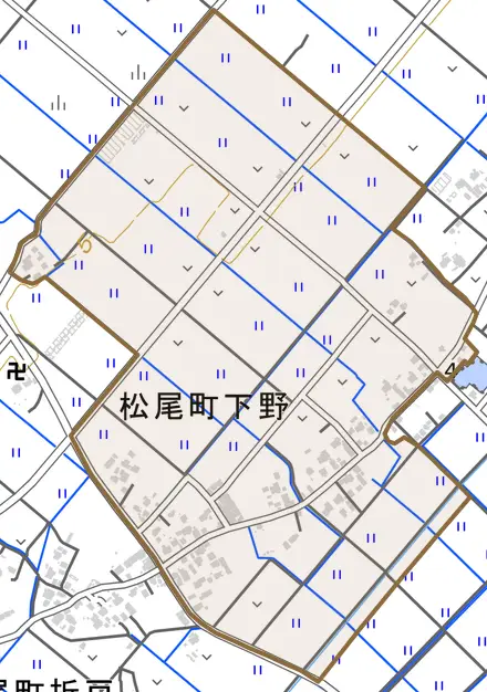 松尾町下野とその周辺の地図。町の範囲を重ねている