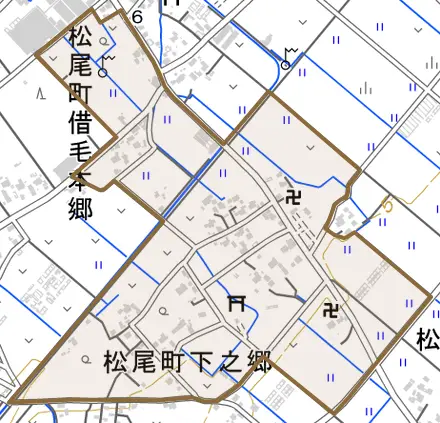 松尾町下之郷とその周辺の地図。町の範囲を重ねている