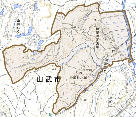 松尾町下大蔵とその周辺の地図。町の範囲を重ねている