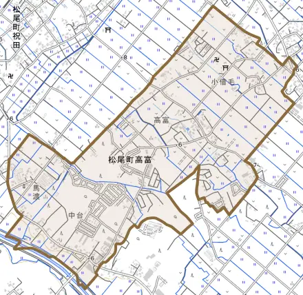松尾町高富とその周辺の地図。町の範囲を重ねている