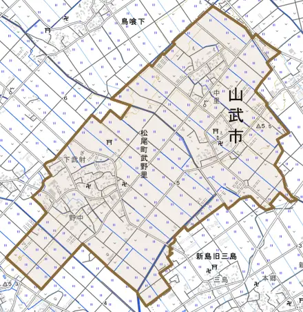 松尾町武野里とその周辺の地図。町の範囲を重ねている