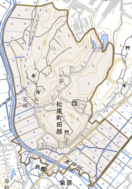 松尾町田越とその周辺の地図。町の範囲を重ねている