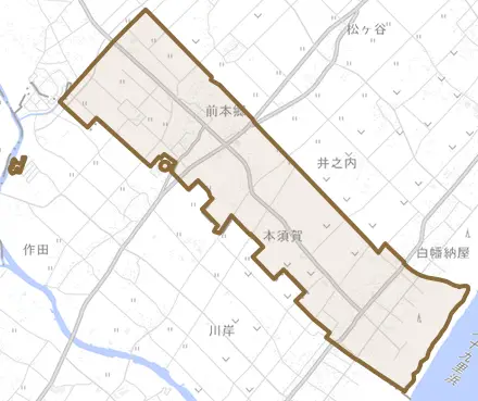 本須賀とその周辺の地図。町の範囲を重ねている