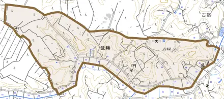 武勝とその周辺の地図。町の範囲を重ねている