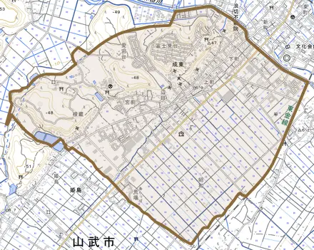成東とその周辺の地図。町の範囲を重ねている