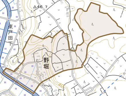 野堀とその周辺の地図。町の範囲を重ねている