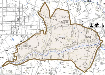 沖渡とその周辺の地図。町の範囲を重ねている