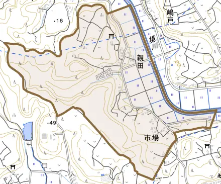 親田とその周辺の地図。町の範囲を重ねている