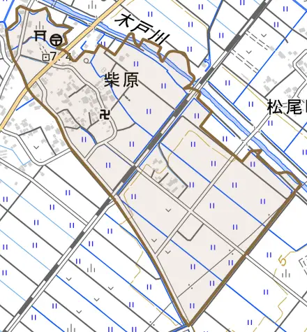 柴原とその周辺の地図。町の範囲を重ねている
