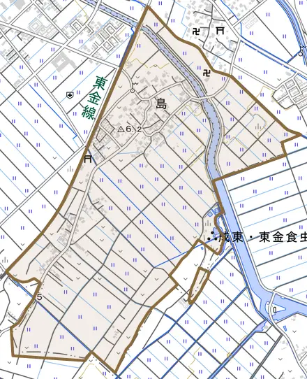 島とその周辺の地図。町の範囲を重ねている