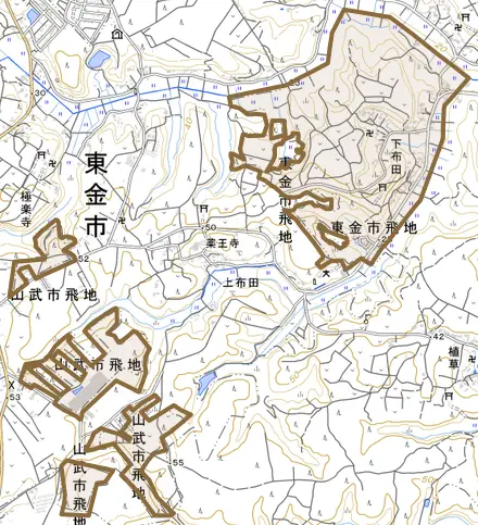 下布田とその周辺の地図。町の範囲を重ねている