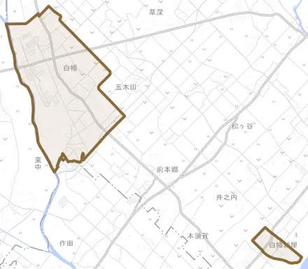 白幡とその周辺の地図。町の範囲を重ねている