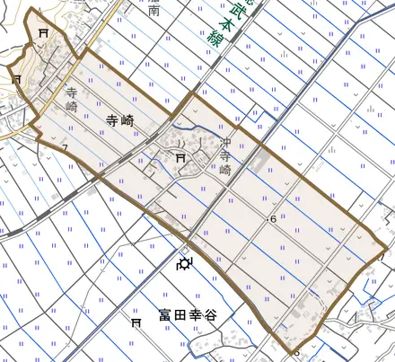 寺崎とその周辺の地図。町の範囲を重ねている