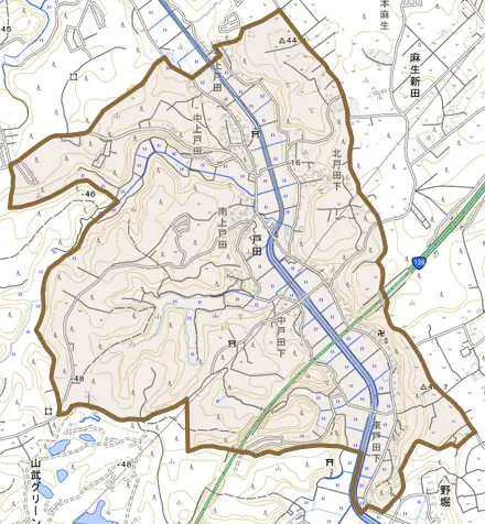 戸田とその周辺の地図。町の範囲を重ねている