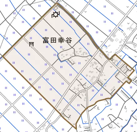 富田幸谷とその周辺の地図。町の範囲を重ねている