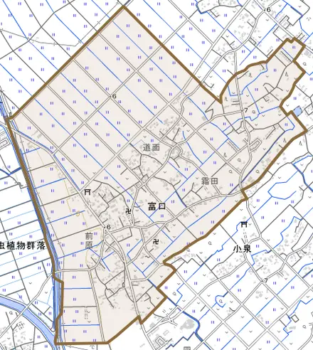 富口とその周辺の地図。町の範囲を重ねている