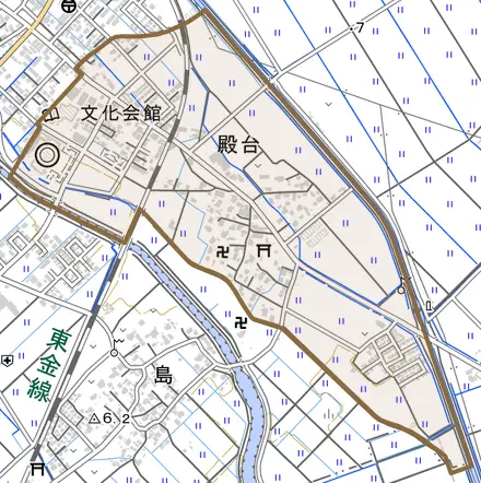 殿台とその周辺の地図。町の範囲を重ねている