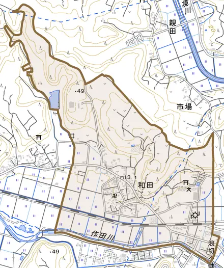 和田とその周辺の地図。町の範囲を重ねている
