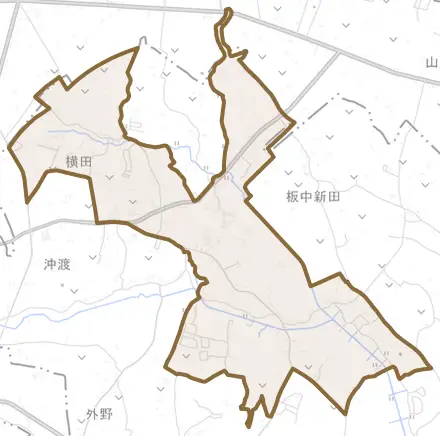 横田とその周辺の地図。町の範囲を重ねている