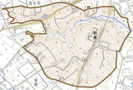 朝倉とその周辺の地図。町の範囲を重ねている