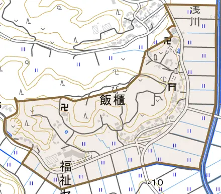 飯櫃とその周辺の地図。町の範囲を重ねている